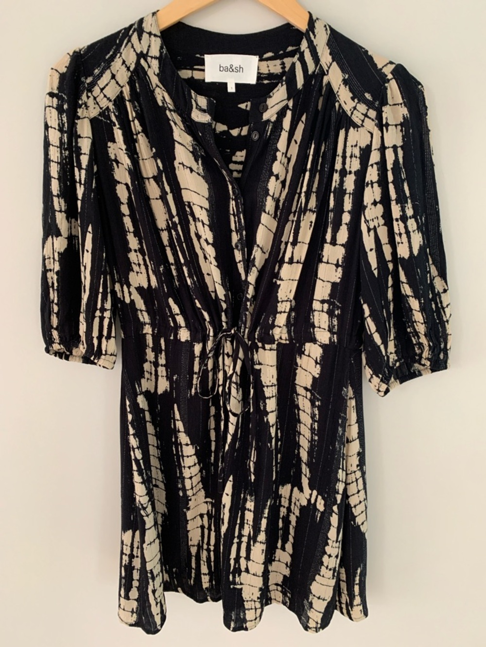 BA&SH Kenya Tie Dye Button Front Shirt Dress Black Cream Size 4 Chic Relaxed Fit